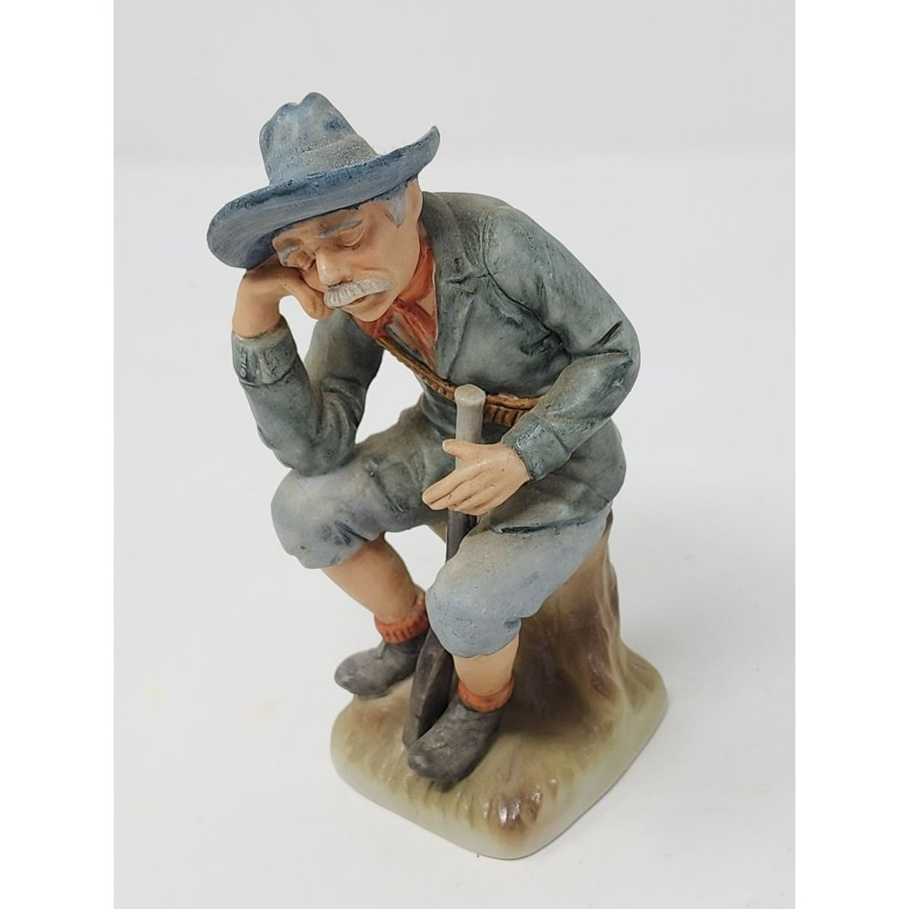 Vintage Bisque Old Timer Western Theme Sitting Tree Stump Napping After Hunting